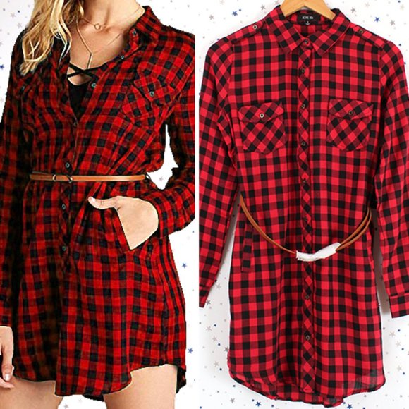 Plaid Shirt Dress with Belt Red Black - Picture 1 of 10